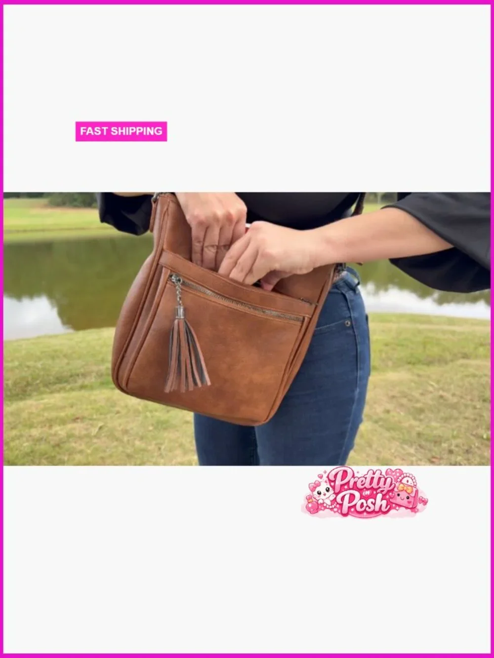 Vegan Leather Crossbody Bag with Tassel, Lightweight Hobo Purse